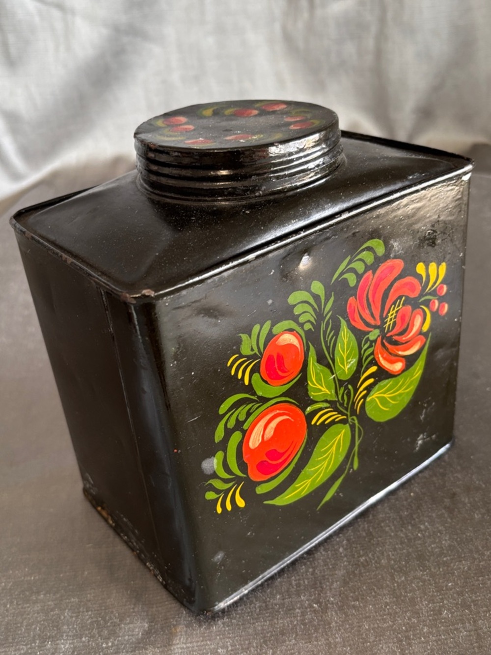 Hand-Painted Floral Metal Tea Canister - Black with Red & Green